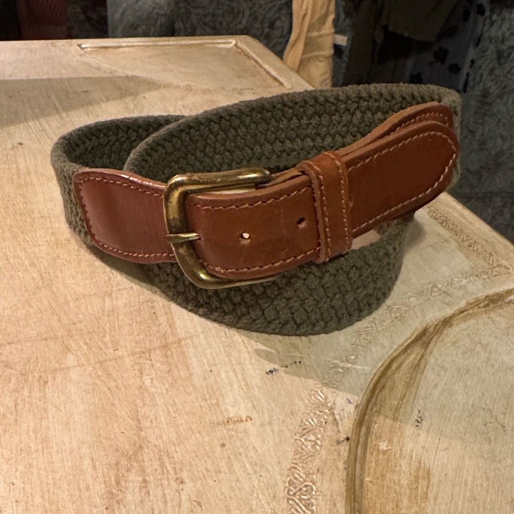 Men's Brown Leather and Green Woven Belt
